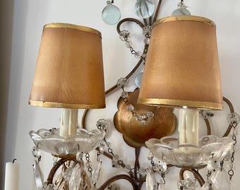 Pair of vintage gold paper wrapped Victorian farmhouse  clip on lamp shades shabby chic Girandole / candelabra shades