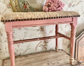 Rare 19th century old  pink chippy  French tapestry bench  stool nail head trimming original