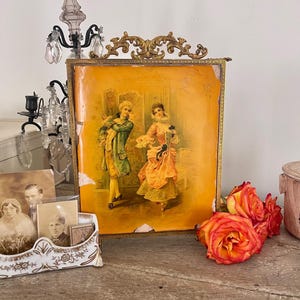 19th century French tri fold vanity mirror original brass ornate frame with celluloid art cover stunning mercury glass
