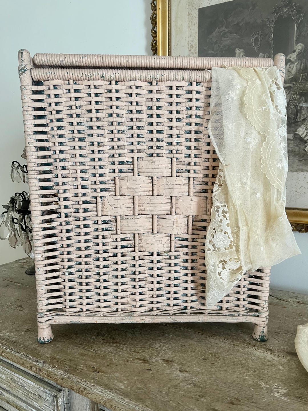 Shabby Wood and Wicker Chippy Pink Laundry Basket All Original as Found ...