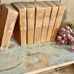 May include: A row of eight antique books with brown leather covers and gold lettering on the spines. The books are titled "Les Oraeux Chretiens" and are arranged on a wooden shelf with a light blue paint finish.
