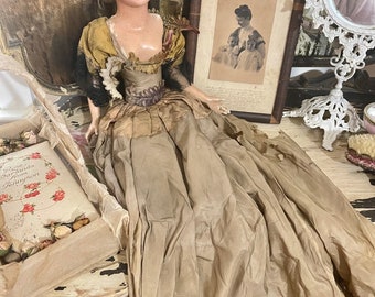 Large rare French antique composition bed doll Silk gown with ribbon work As is OLD