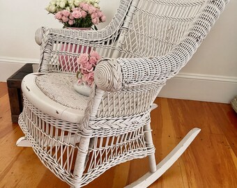 Beautiful 1940's shabby chippy white cane and wicker rocking