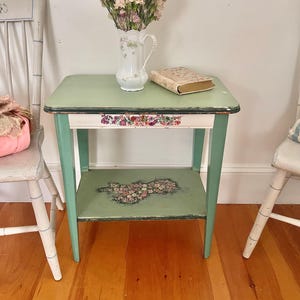 Wonderfully Shabby vintage wood chippy side table rose clusters perfect nightstand / kitchen side table cottage core