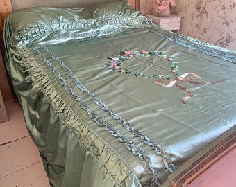 Stunningly rare! Museum quality 1930's French Silk coverlet ruffled piping and trim genuine hand applied  ribbon work metallic bow