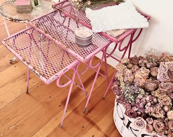 The BEST old chippy lattice set of three!!  nesting tables shabby rustic farmhouse beachy set of three pink!