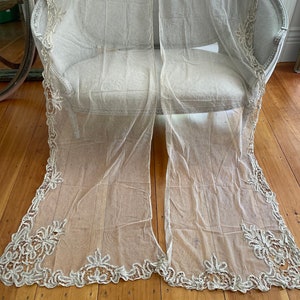 Stunnung preserved pair of antique tambour lace curtains embroidery all hems finished rare lace