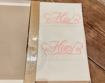 Beautiful pair of vintage designer shabby chic pillowcases pink embroidery "his and hers" new old stock from the old Saks NYC original box