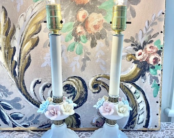 Beautiful Vintage porcelain lamps - pair with pale colored roses shabby