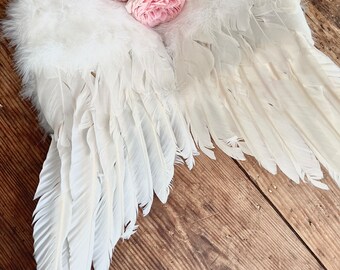 Raras alas de ángel de plumas blancas, grandes y hechas a mano, estilo shabby chic, de época.