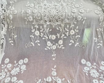 Gorgeous large white French antique heavily embroidered tambour lace with needlework  - Stunning early lace