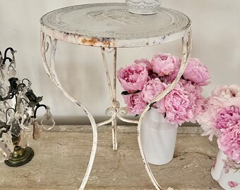 Fabulous vintage farmhouse metal punched tin rustic side table / Flower / plant stand white embossed