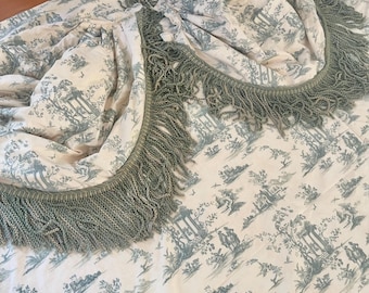 Rare Gorgeous vintage French hand made sage Toile de Joy large 7 lb curtain bed cover coordinating festoons sold separately
