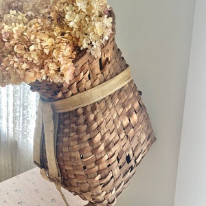 Könnte beinhalten: Ein geflochtener brauner Korb mit einem beigefarbenen Riemen, gefüllt mit getrockneten beigefarbenen Hortensien.