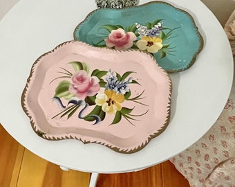 SOLD please do not purchase set of two vintage petite  tole vanity trays one pink one blue hand painted shabby!