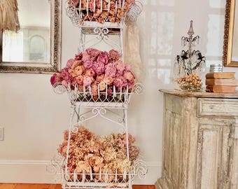 OMG Rare incredible Victorian 1920's 6 feet tall three tiered spiraled metal white tole garden flower plant stand