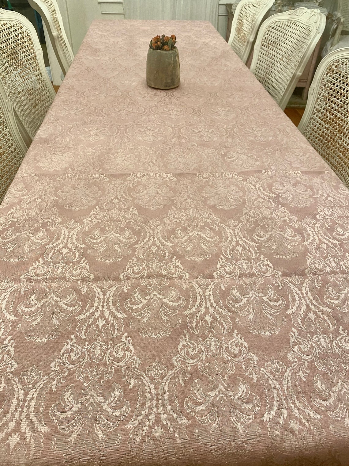 Beautiful vintage rose pink damask brocade tablecloth large | Etsy