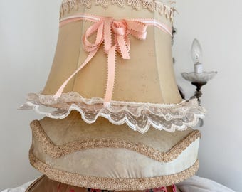 Fabulous shabby vintage hand crafted large lamp shade lace trim pink ribbon appliqués tattered beauty