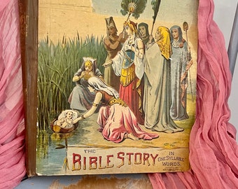 Bellissimo e raro dipinto The Bible Story per bambini del 1892, grande libro decorativo e splendido display