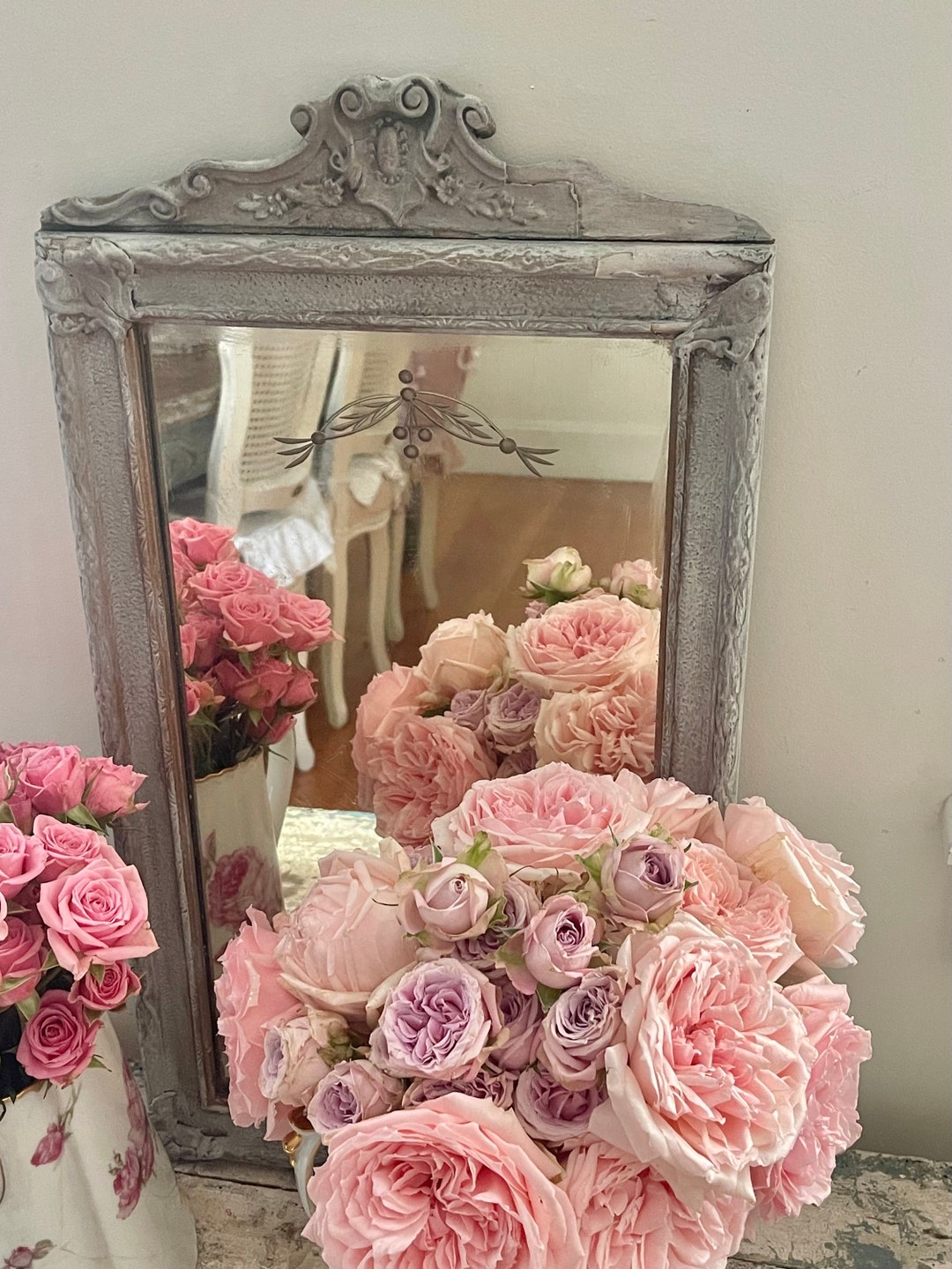 Fabulous OLD Crest Farmhouse Mirror Etched Glass Rosettes Etsy