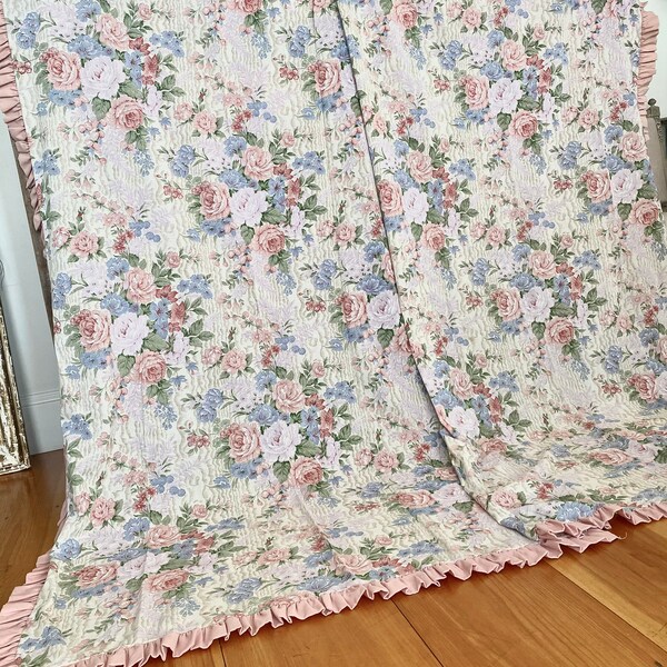 Lovely vintage floral with pink ruffled curtains window panels one pair with tie backs  two pairs available