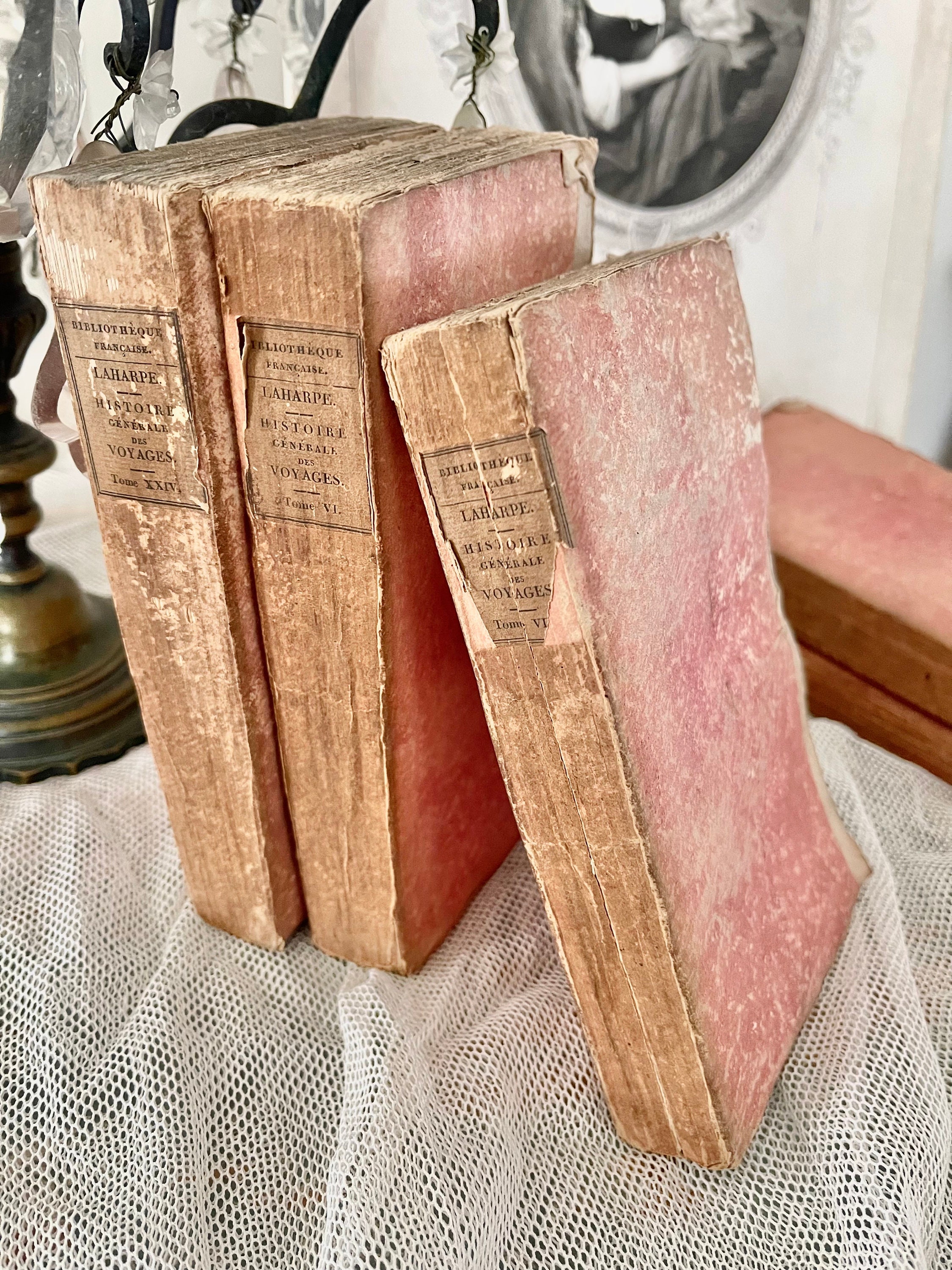 RARE 200 Year Old PINK French Old Paris C1820's Faded Books Set of