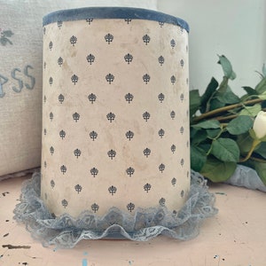 Fabulous vintage paper wrapped shabby devorative lampshade Fleur de Lis floral art with blue ruffled lace trim
