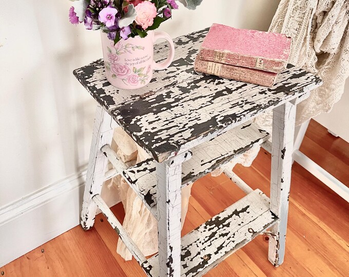 One of the Most Incredible Vintage Chippy Shabby White Step Stool Side ...