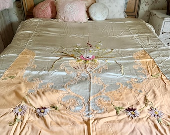 Gorgeous 1940's chenille ribbon work embroidered coverlet and double ruffled pillow cover silvery glam gorgeous urn with flowers thread work