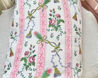 The most beautiful Grand French huge curtain pink ticking roses lined hand stitched Paris flat salvage