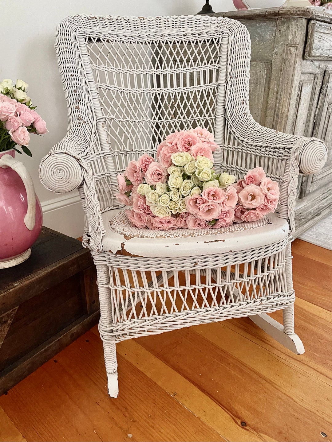 Old True Vintage Shabby Chic White Wicker Rocking Chair Perfect Indoor ...
