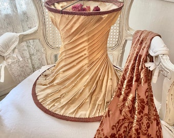Tatteted treasure! Antique large European shabby chic tattered runched silk lamp shade decorative collectible