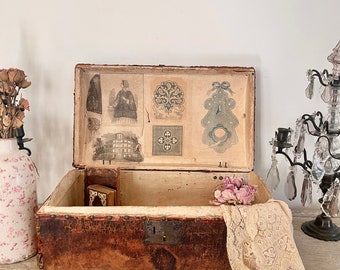 Rare early 19th century leather with old paper period adverts trunk tabletop old Victorian farmhouse