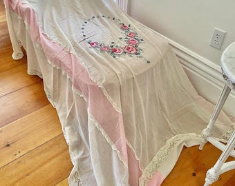 Gorgeous 1930&#39;s large gauze and lace hand made with embroidery of roses three available sold separately all different