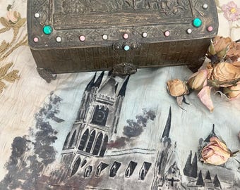 Very rare early late 19th century French brass jeweled jewelry / rosary chest historic keepsake collective beautiful silk interior