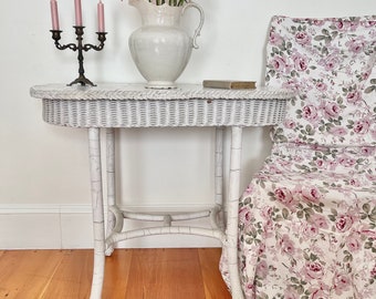 Fabulous old antique white chippy wicker cottage buffet wall table oval with wood top shabby cottage core  shabby whites