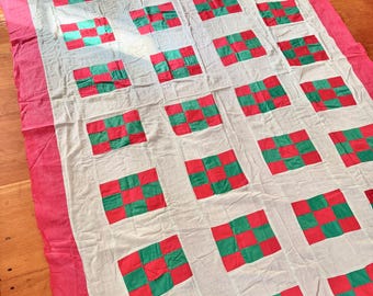 Fantastyczny!!! Stary świąteczny kocyk, ręcznie szyte kawałki, bawełniany patchwork, styl rustykalny, dekoracyjny