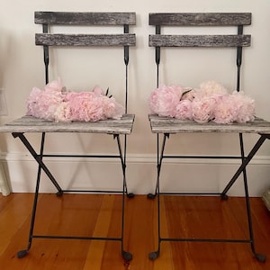 Wonderful pair of vintage  wood planked  and metal weathered cafe Bistro chairs