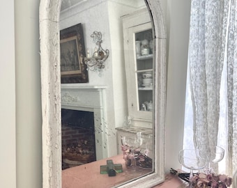 Old as found large  early 19th century all  carved chippy white farmhouse mirror dreamy old mercury glass