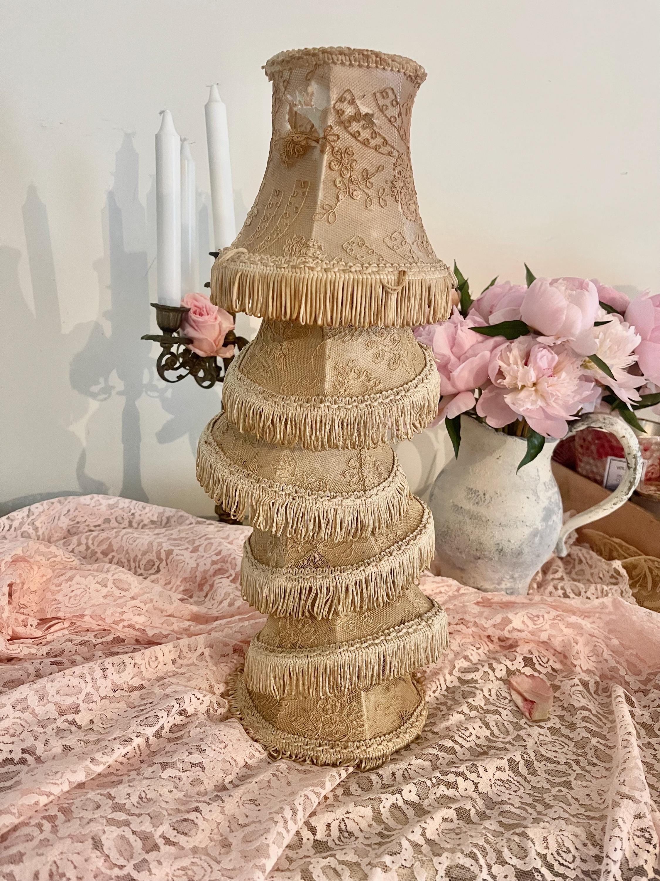 The best OLD boudoir lamp shades tattered treasures early French Victorian lace and silk with fringe!