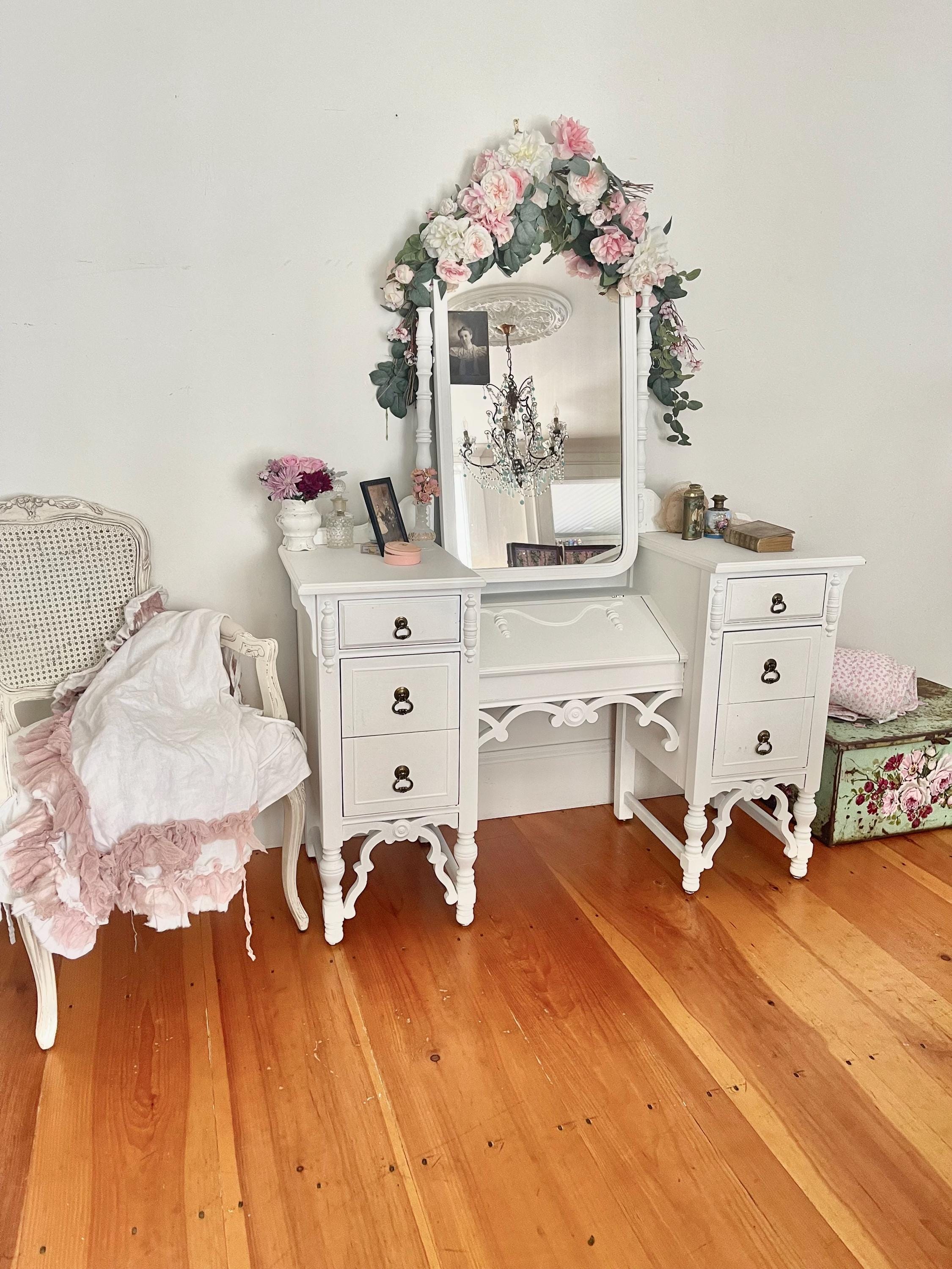 Stunning 1920's ornate Antique Victorian painted oak vanity gorgeous old beauty station with original hardware and turn key mercury mirror