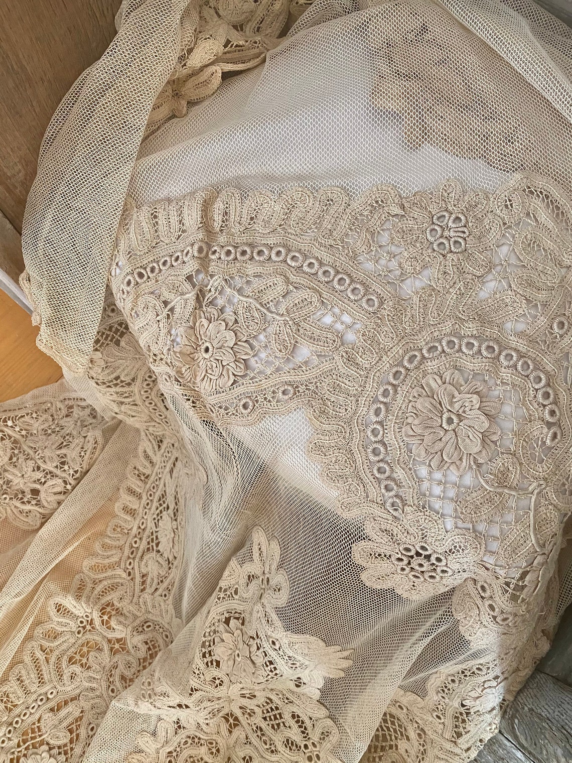 Gorgeous French antique embroidered tambour lace large | Etsy