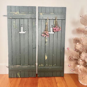 Puede incluir: Dos contraventanas de madera verde desgastadas con un recorte de una vela en cada una. Las contraventanas están colgadas en una pared con flores rosadas secas colgando de ellas.