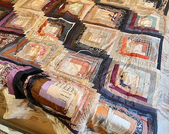 Rare! Early 19th century hand stitched French Victorian krazy quilt coverlet meticulously hand pieced silks and French cottons reversable