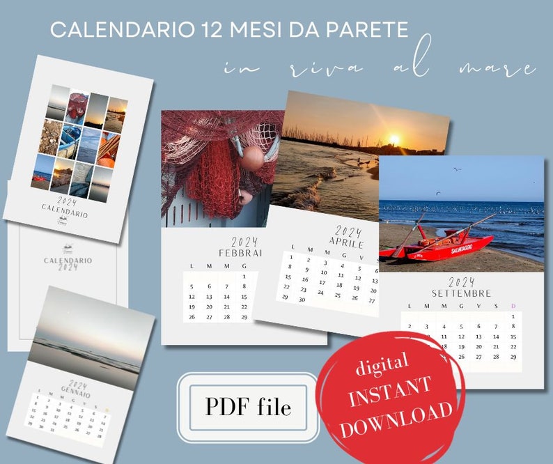 A4 Printable Wall Calendar, PDF Digital Download, Customizable 2024 DIY Calendar, Beach Lovers