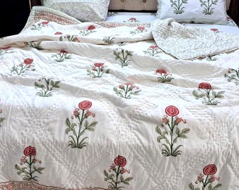 Red Green Floral Comforter Set - Hand Block Print Cotton Quilt, Bedsheet with Shams -Twin Queen King Size Bedding