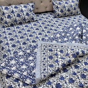 Marineblauwe katoenen dekbedset met hand blokprint bloemen dekbedovertrek set met 2 kussenslopen Jaipur katoenen deken en beddengoed Paascadeau