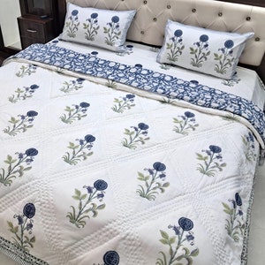 Blauwe dekbedset met handblokprint warm katoenen dekbedovertrek 2 dekbedden - blauw wit toile dekbedovertrek - dekbedovertrekset met dekbedovertrek CS6