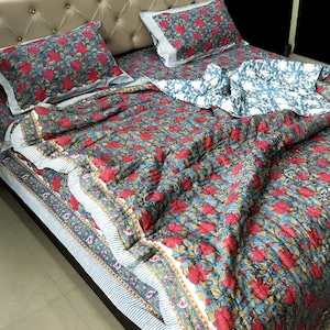 Rot Blau Tröster Set, Hand Block Print Quilt, Handgemachte Baumwolle Indische Tröster Set Weiche Qualität Quilt, Mazedonien, Bettbezug Kantha Quilt
