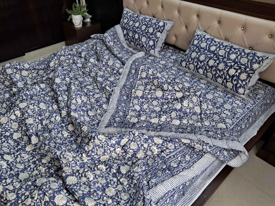 Natural Blue Bedding Set Hand-stitched Cotton Quilt Pillowcases